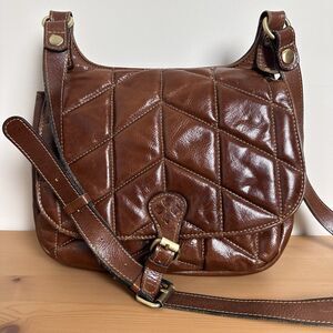 Patricia Nash London Quilted Leather Saddle Crossbody Cognac Brown